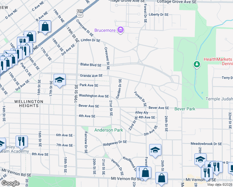 map of restaurants, bars, coffee shops, grocery stores, and more near 368-370 21st Street Southeast in Cedar Rapids