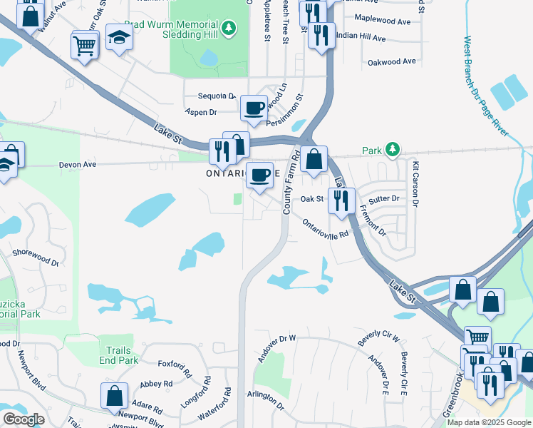 map of restaurants, bars, coffee shops, grocery stores, and more near 1700 Ontarioville Road in Hanover Park