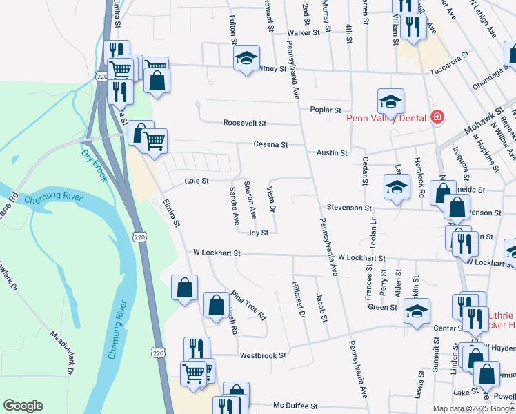 map of restaurants, bars, coffee shops, grocery stores, and more near 200-298 Sharon Avenue in Sayre