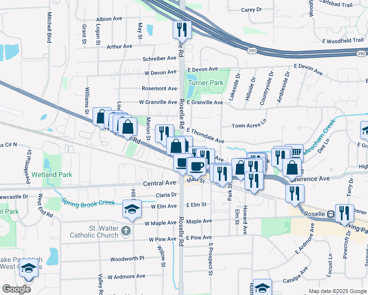 map of restaurants, bars, coffee shops, grocery stores, and more near in Roselle