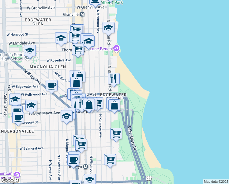 map of restaurants, bars, coffee shops, grocery stores, and more near 5623 North Sheridan Road in Chicago