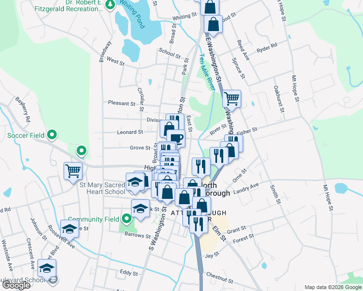 map of restaurants, bars, coffee shops, grocery stores, and more near 167 North Washington Street in North Attleborough