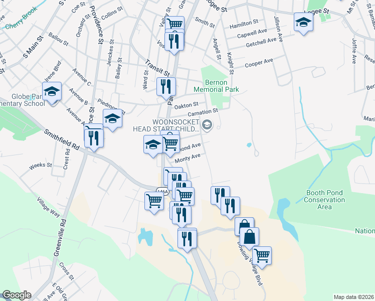 map of restaurants, bars, coffee shops, grocery stores, and more near 91 Warwick Street in Woonsocket