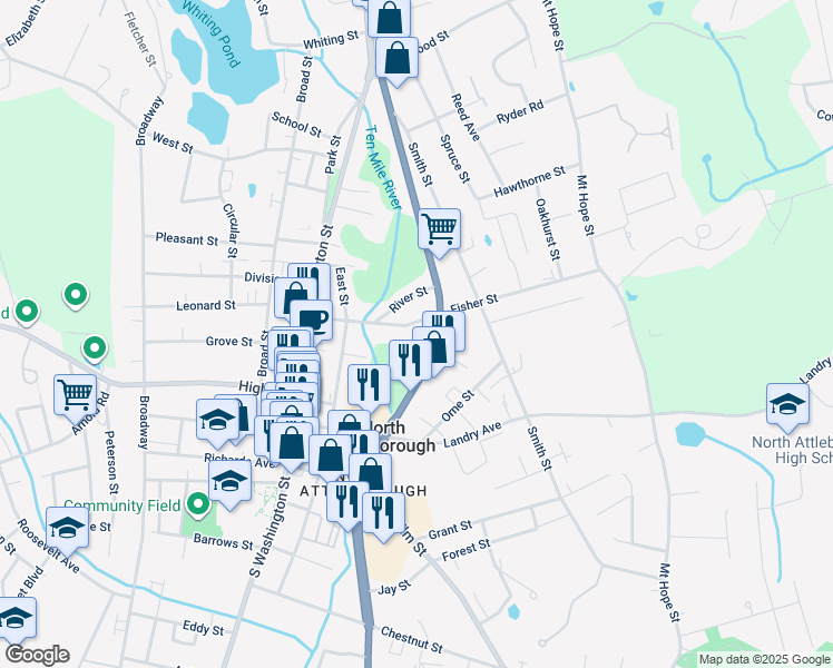 map of restaurants, bars, coffee shops, grocery stores, and more near 31 River Street in North Attleborough