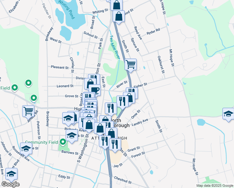 map of restaurants, bars, coffee shops, grocery stores, and more near 31 River Street in North Attleborough