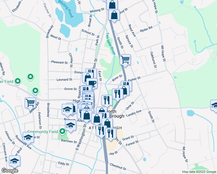 map of restaurants, bars, coffee shops, grocery stores, and more near 50 Fisher Street in North Attleborough