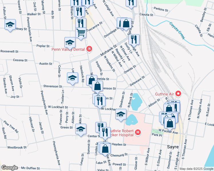 map of restaurants, bars, coffee shops, grocery stores, and more near 401-427 Oneida St in Sayre