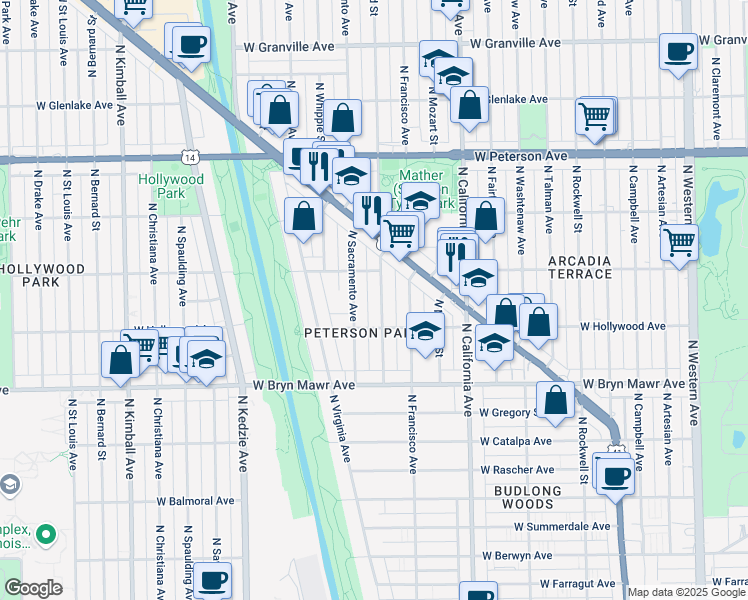 map of restaurants, bars, coffee shops, grocery stores, and more near 29 West Ardmore Avenue in Chicago
