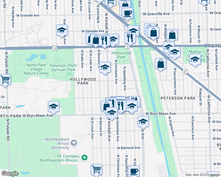 map of restaurants, bars, coffee shops, grocery stores, and more near 3403 West Ardmore Avenue in Chicago