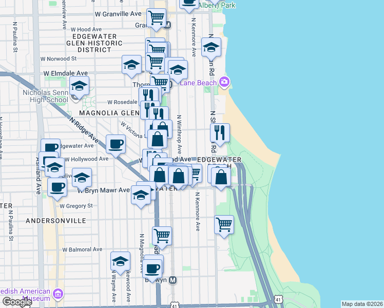 map of restaurants, bars, coffee shops, grocery stores, and more near 5732 North Kenmore Avenue in Chicago