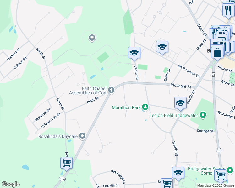 map of restaurants, bars, coffee shops, grocery stores, and more near 284 Pleasant Street in Bridgewater