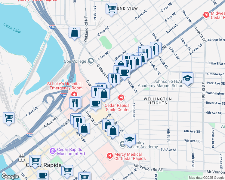 map of restaurants, bars, coffee shops, grocery stores, and more near college Drive Northeast in Cedar Rapids
