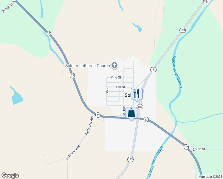 map of restaurants, bars, coffee shops, grocery stores, and more near 213-243 Ash Street in Soldier