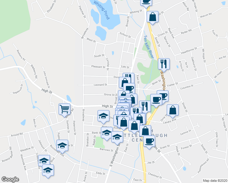 map of restaurants, bars, coffee shops, grocery stores, and more near 18 Leonard Street in North Attleborough