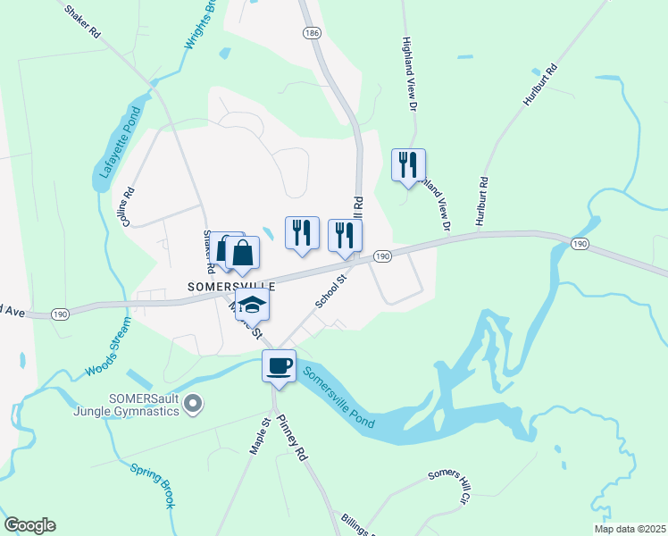 map of restaurants, bars, coffee shops, grocery stores, and more near 169 Main Street in Somers