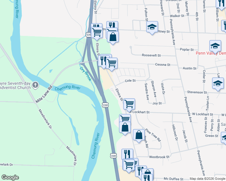 map of restaurants, bars, coffee shops, grocery stores, and more near 12 Cole Street in Sayre