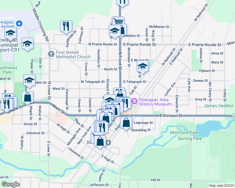 map of restaurants, bars, coffee shops, grocery stores, and more near 309 North Front Street in Dowagiac