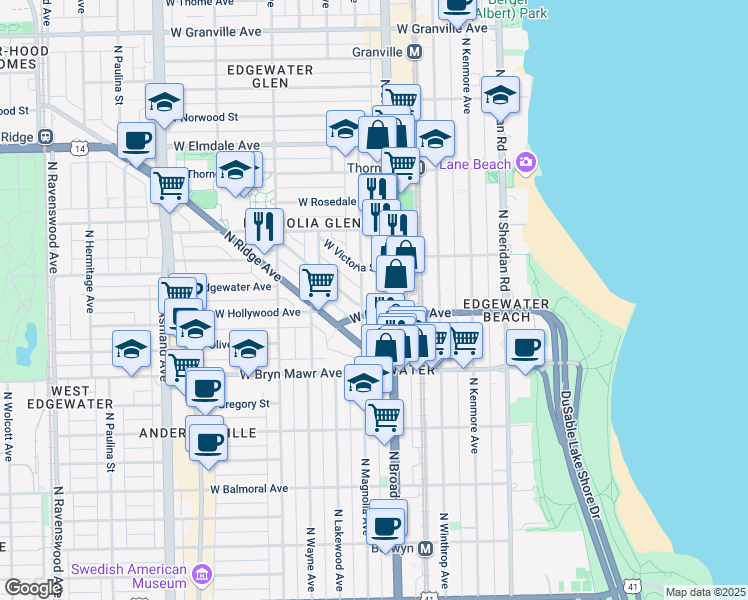map of restaurants, bars, coffee shops, grocery stores, and more near 5724 North Magnolia Avenue in Chicago
