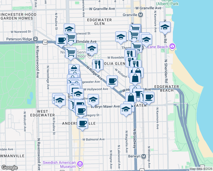 map of restaurants, bars, coffee shops, grocery stores, and more near 5745 North Ridge Avenue in Chicago