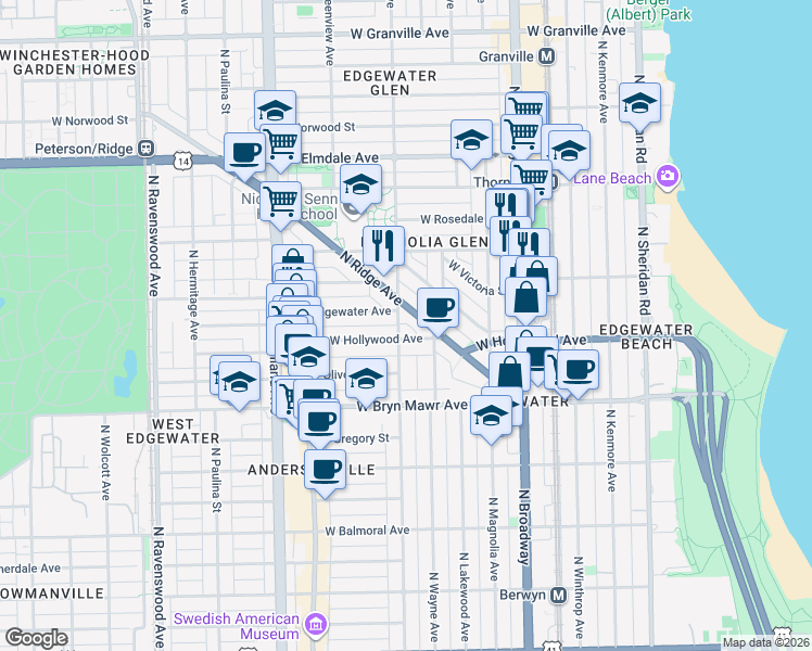 map of restaurants, bars, coffee shops, grocery stores, and more near 5745 North Ridge Avenue in Chicago