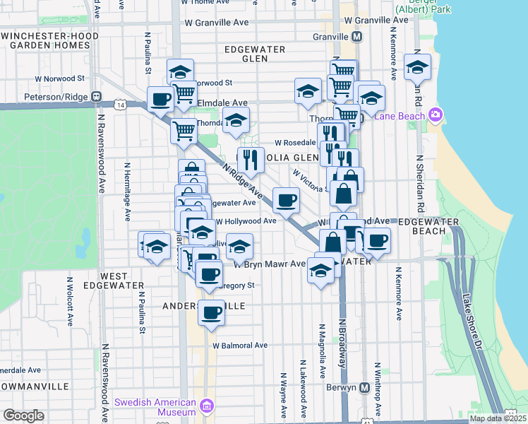 map of restaurants, bars, coffee shops, grocery stores, and more near 5745 North Ridge Avenue in Chicago