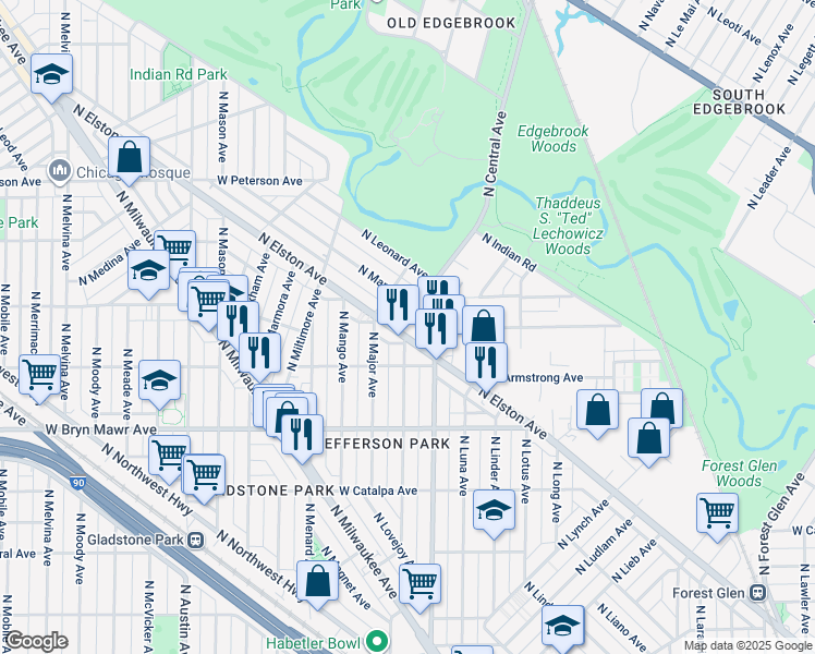 map of restaurants, bars, coffee shops, grocery stores, and more near 5732 North Manton Avenue in Chicago