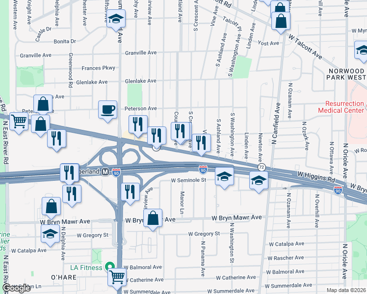 map of restaurants, bars, coffee shops, grocery stores, and more near 1920 South Crescent Avenue in Park Ridge