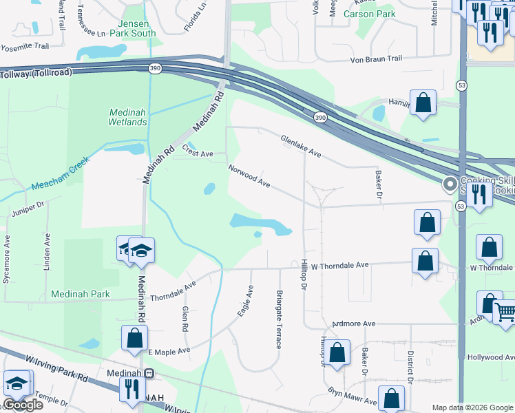 map of restaurants, bars, coffee shops, grocery stores, and more near 1716 Norwood Avenue in Itasca