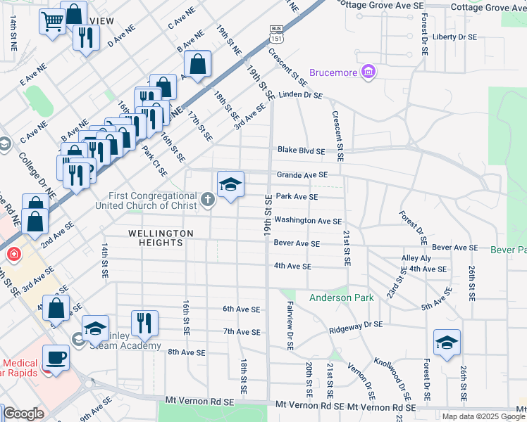 map of restaurants, bars, coffee shops, grocery stores, and more near 1905 Park Avenue Southeast in Cedar Rapids