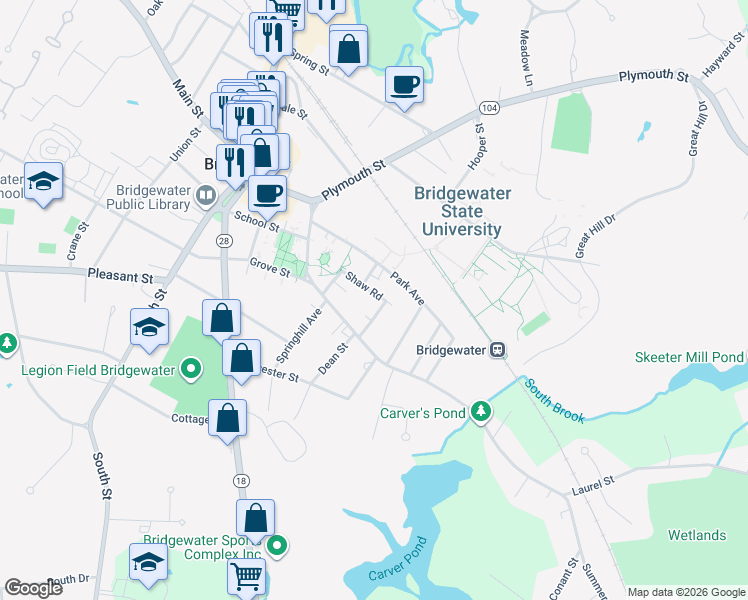 map of restaurants, bars, coffee shops, grocery stores, and more near 41 Shaw Road in Bridgewater