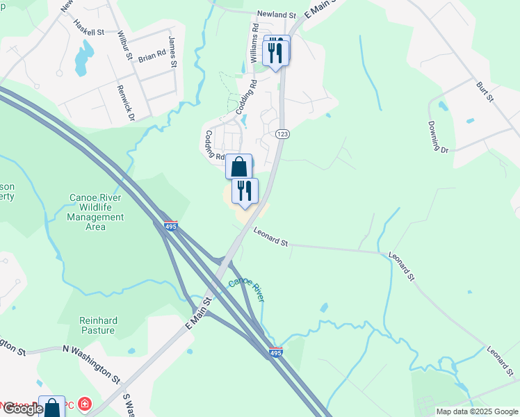 map of restaurants, bars, coffee shops, grocery stores, and more near 247 East Main Street in Norton