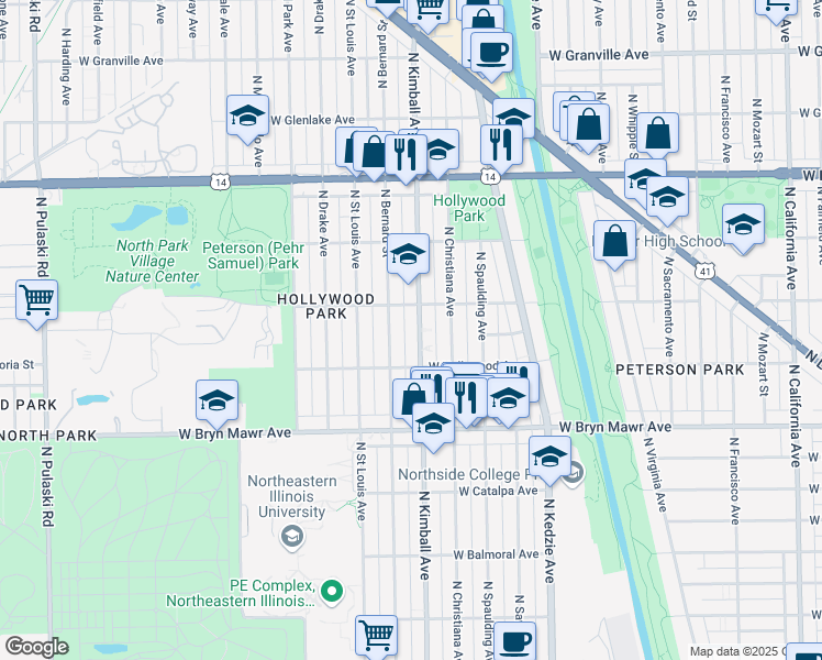 map of restaurants, bars, coffee shops, grocery stores, and more near 5734 North Kimball Avenue in Chicago