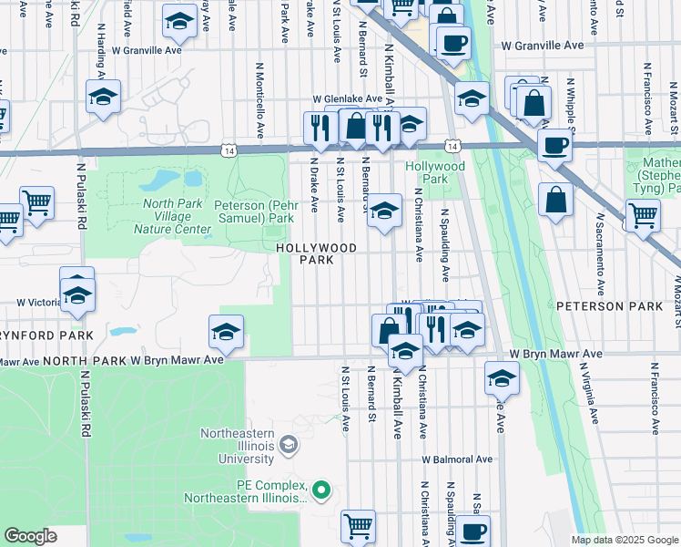 map of restaurants, bars, coffee shops, grocery stores, and more near 5734 North Kimball Avenue in Chicago