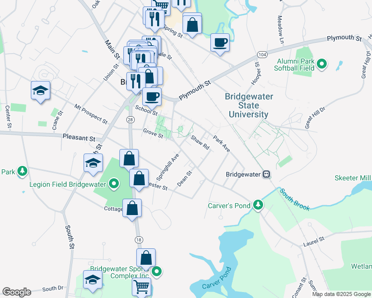 map of restaurants, bars, coffee shops, grocery stores, and more near 29 Park Terrace in Bridgewater
