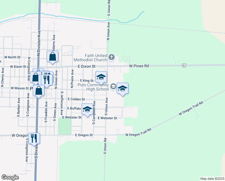 map of restaurants, bars, coffee shops, grocery stores, and more near 100 South Union Avenue in Polo