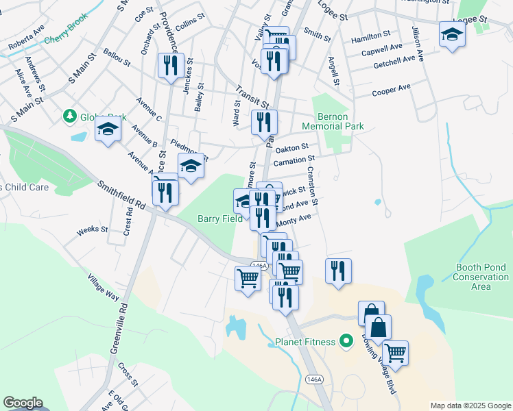 map of restaurants, bars, coffee shops, grocery stores, and more near 1234 Park Avenue in Woonsocket