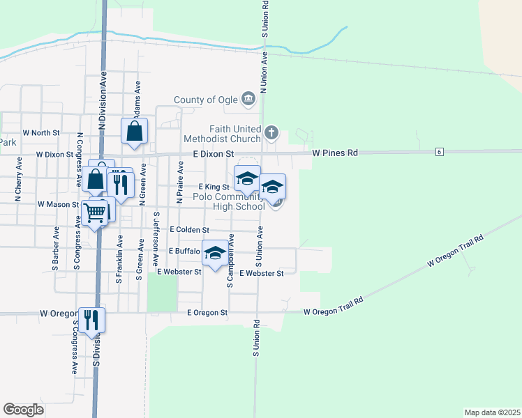 map of restaurants, bars, coffee shops, grocery stores, and more near 100 South Union Avenue in Polo