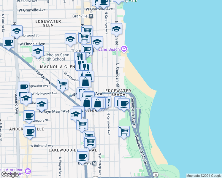 map of restaurants, bars, coffee shops, grocery stores, and more near 5713 North Kenmore Avenue in Chicago