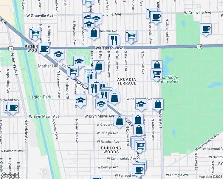 map of restaurants, bars, coffee shops, grocery stores, and more near 5752 North Talman Avenue in Chicago
