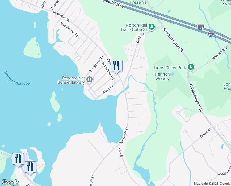 map of restaurants, bars, coffee shops, grocery stores, and more near 14 Falls Road in Norton