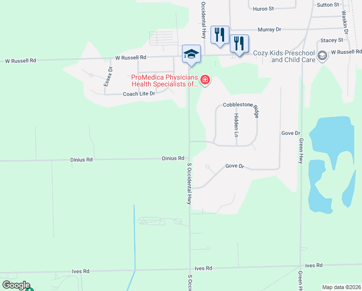 map of restaurants, bars, coffee shops, grocery stores, and more near 6630 South Occidental Highway in Tecumseh