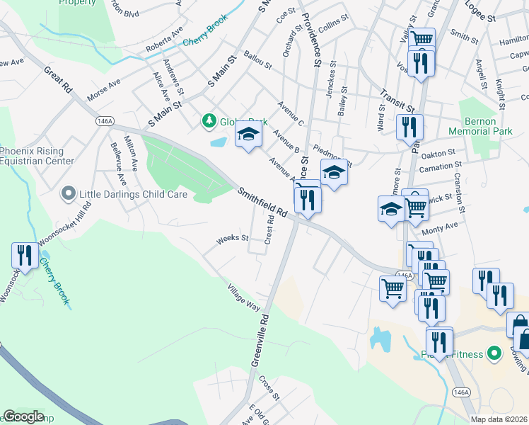 map of restaurants, bars, coffee shops, grocery stores, and more near 441 Smithfield Road in North Smithfield