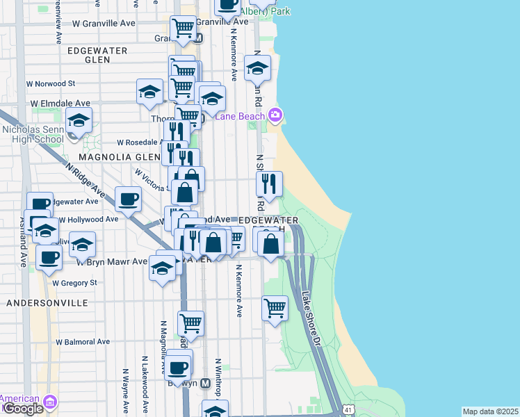 map of restaurants, bars, coffee shops, grocery stores, and more near 5740 North Sheridan Road in Chicago