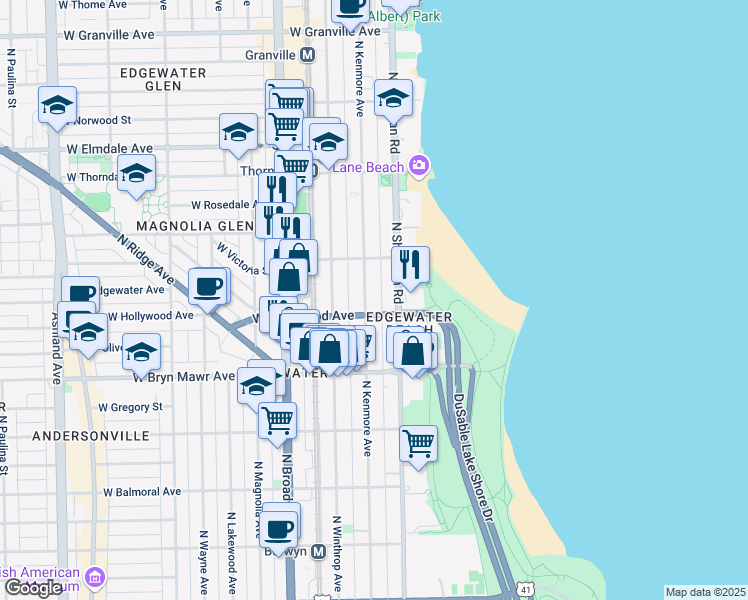map of restaurants, bars, coffee shops, grocery stores, and more near 5732 North Kenmore Avenue in Chicago