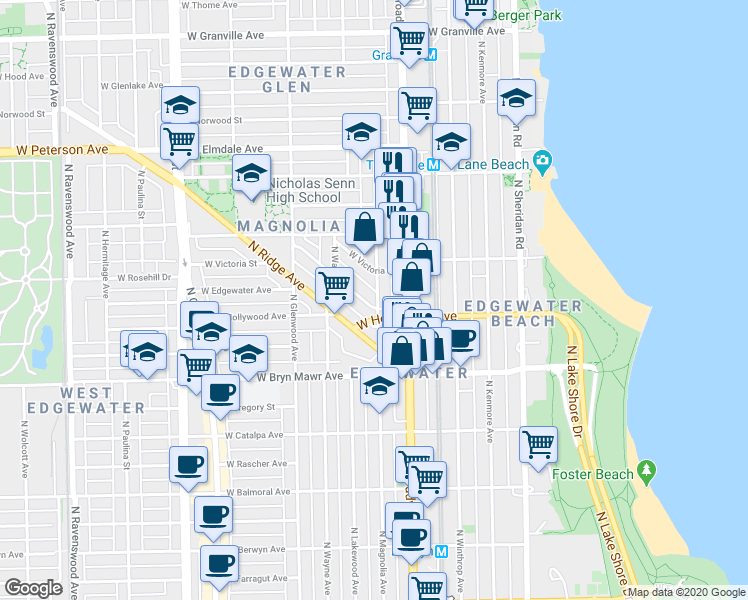 map of restaurants, bars, coffee shops, grocery stores, and more near 5724 North Magnolia Avenue in Chicago