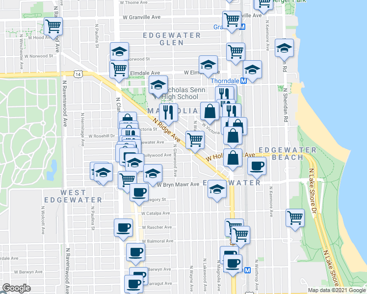 map of restaurants, bars, coffee shops, grocery stores, and more near 5745 North Ridge Avenue in Chicago