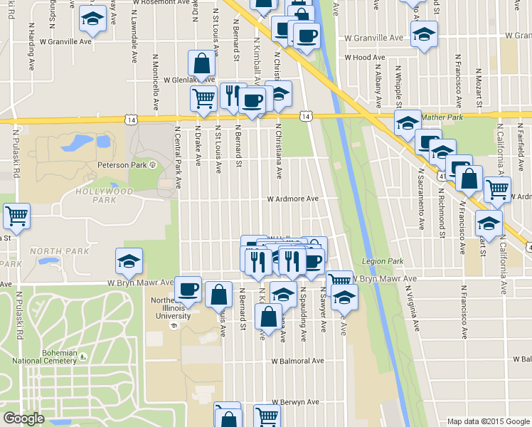 map of restaurants, bars, coffee shops, grocery stores, and more near 3403 West Ardmore Avenue in Chicago