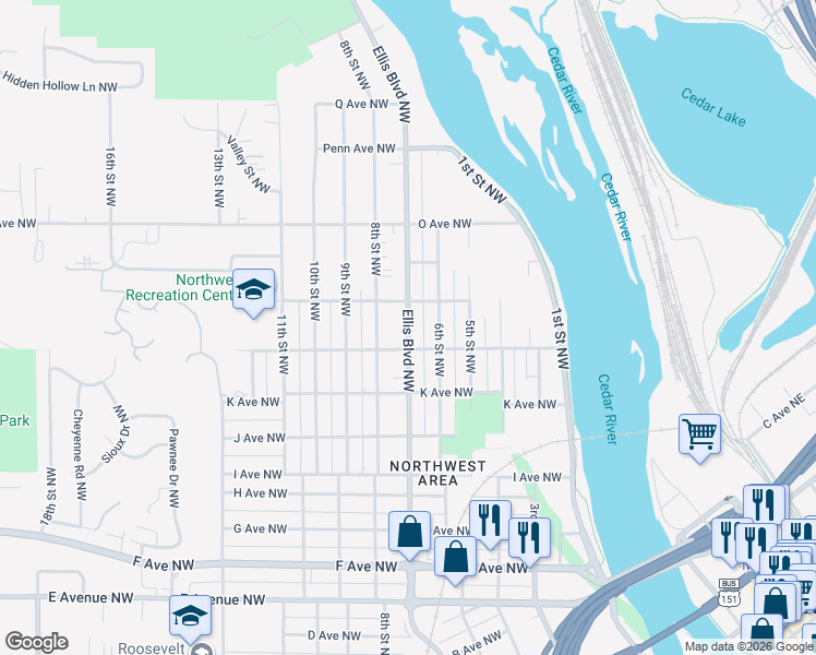 map of restaurants, bars, coffee shops, grocery stores, and more near 615 M Avenue Northwest in Cedar Rapids