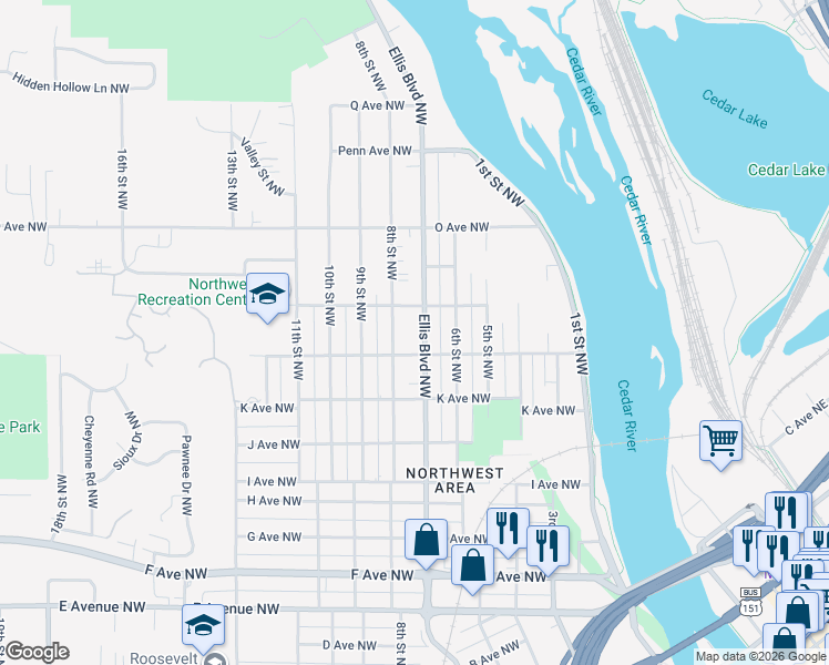 map of restaurants, bars, coffee shops, grocery stores, and more near 1339 8th Street Northwest in Cedar Rapids
