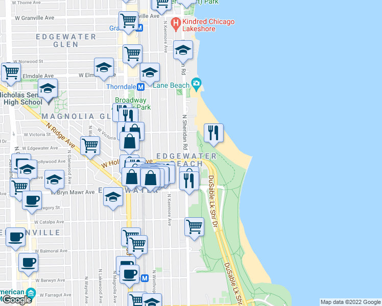 map of restaurants, bars, coffee shops, grocery stores, and more near 5740 North Sheridan Road in Chicago